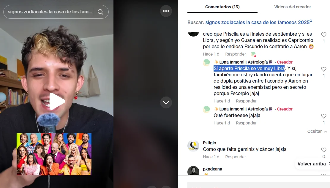 Video de TikTok hablando de los signos zodiacales de los miembros de La Casa de los Famosos