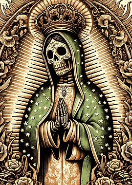 Imagen de la Santa Muerte con la manos juntas. 