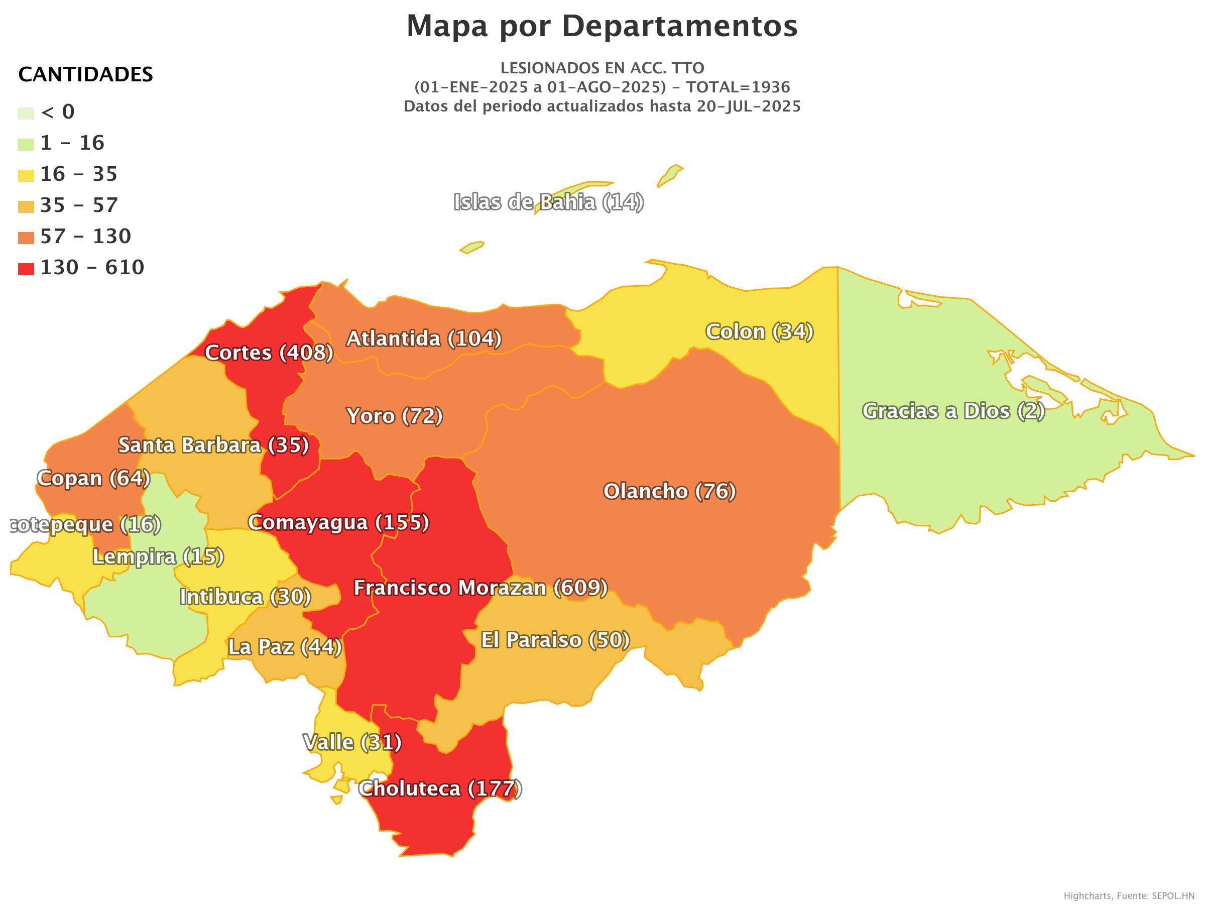 Mapa de muertes en accidentes de tránsito en Honduras