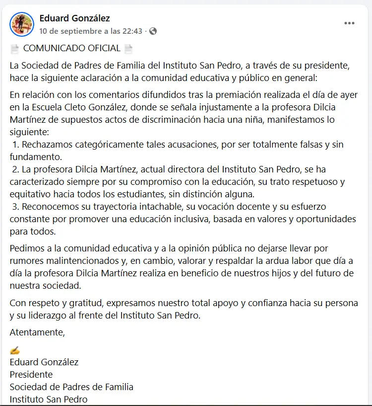 comunicado sobre maestra con niña sin uniforme en Yoro