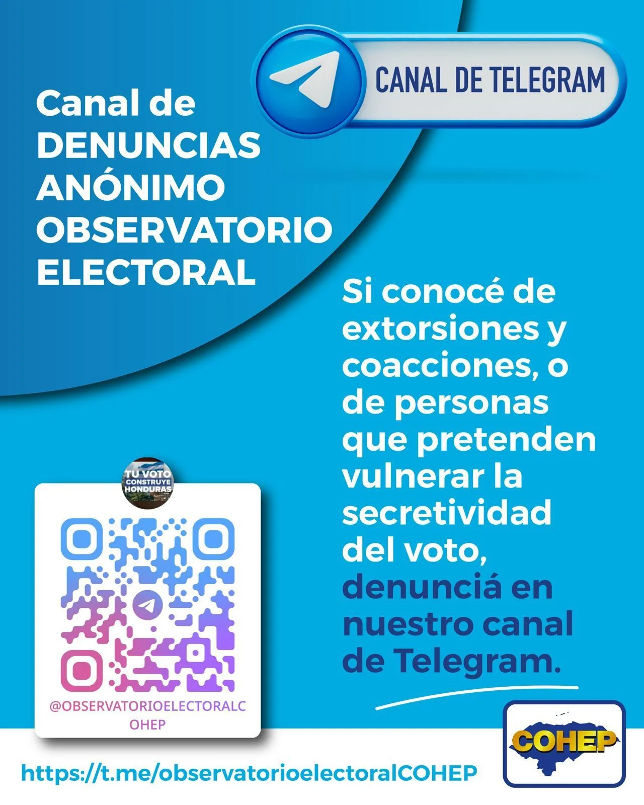 Canal de Denuncias Anónimo del Observatorio Electoral (OHEP/COHEP) en Telegram. Foto: Cohep