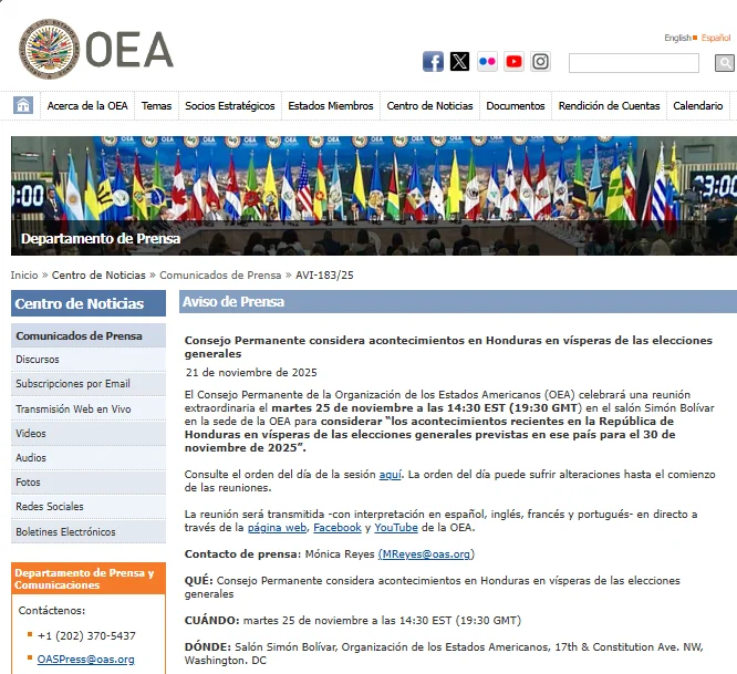 La OEA detalló que celebrará la reunión extraordinaria el martes 25 de noviembre. Foto: captura de pantalla 