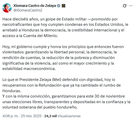 Mensaje de la presidenta Xiomara Castro en su cuenta de X. Foto: captura de pantalla 