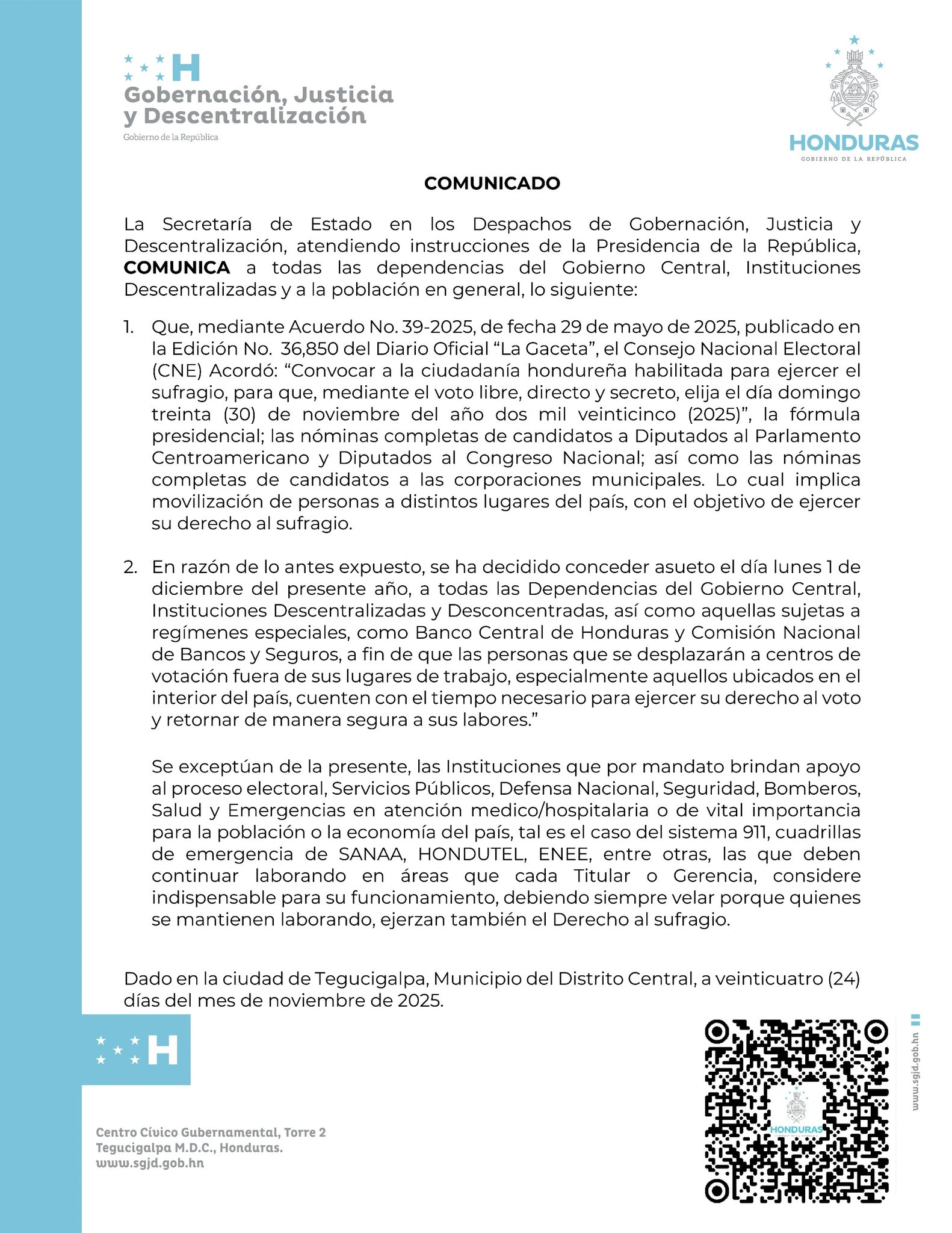 Comunicado de prensa del Gobierno anunciando asueto para empleados públicos el 1 de diciembre. Foto: cortesía de @SEGOB_HN