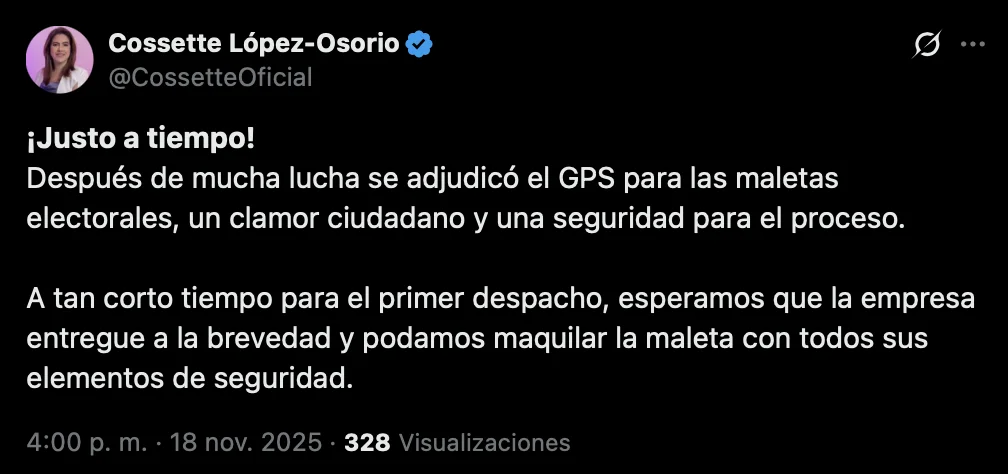 X de Cossette Lopez anunciando la adjudicación del sistema GPS