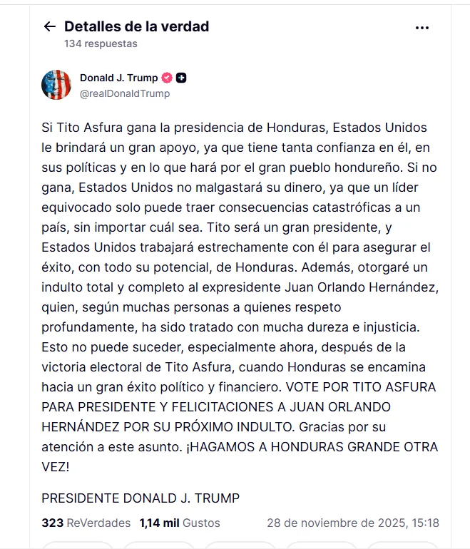 Declaraciones de Trump en su red social 