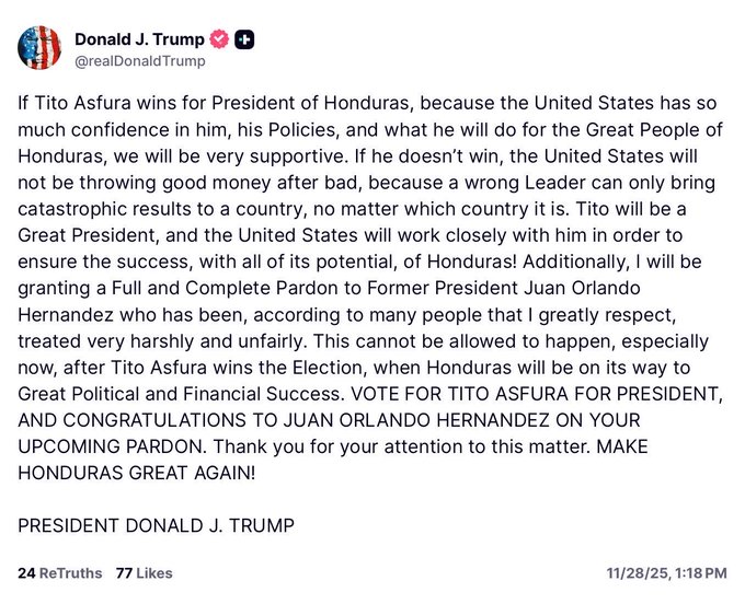 Publicación de Donald Trump en su red social sobre el apoyo a Asfura y el indulto a Hernández. 