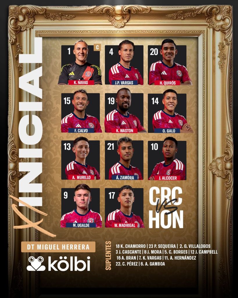 Formación de Costa Rica para el partido contra Honduras.