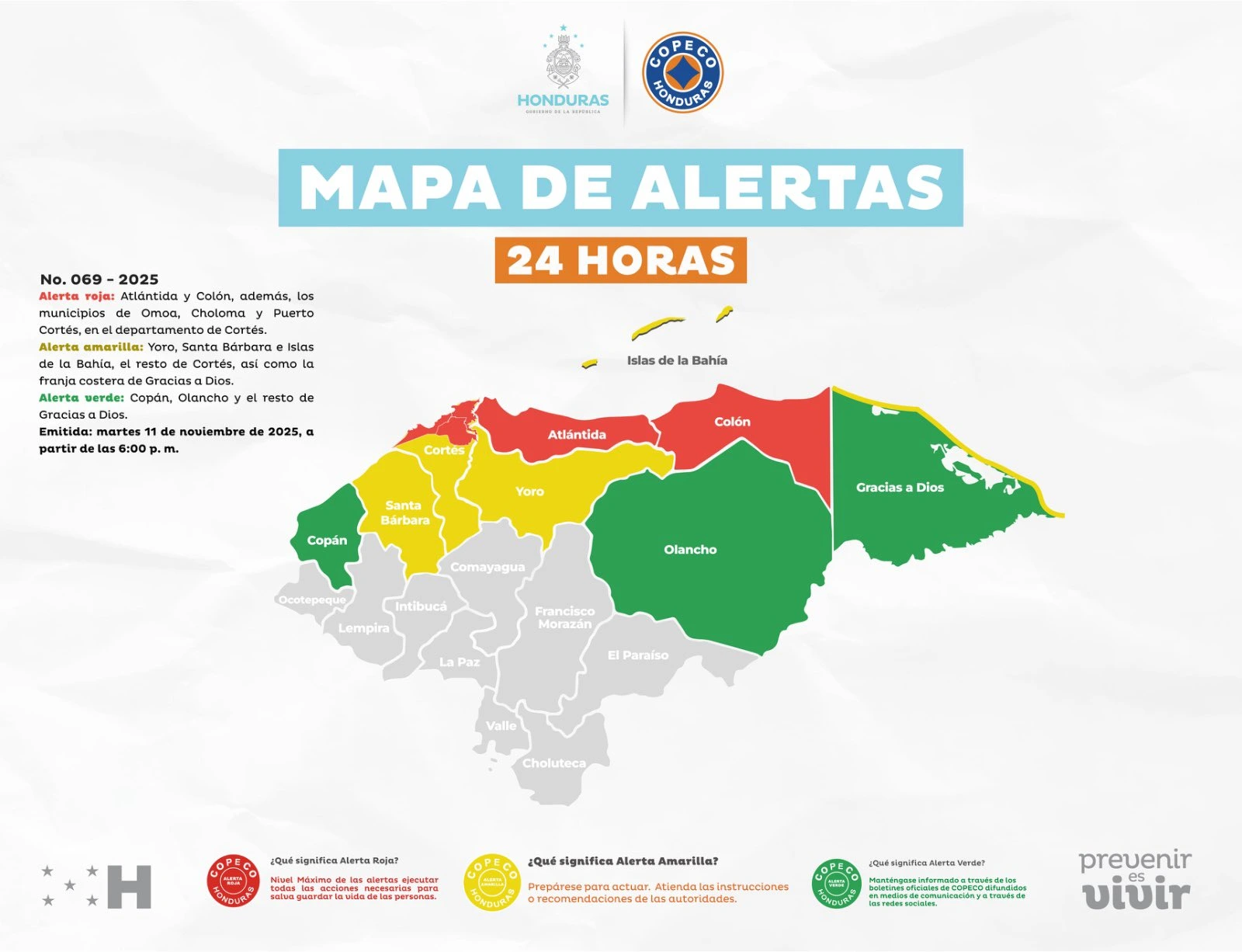Mapa de municipios en alertas por lluvias y frente frío. Foto: Copeco