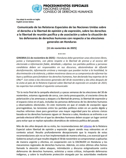 Comunicado de las Relatoras Especiales de las Naciones Unidas sobre el derecho a la libertad de expresión. Foto: cortesía de OACNUDH