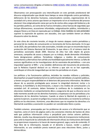 Comunicado de las Relatoras Especiales de las Naciones Unidas sobre el derecho a la libertad de expresión. Foto: cortesía de OACNUDH