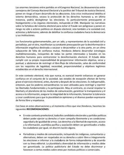 Comunicado de las Relatoras Especiales de las Naciones Unidas sobre el derecho a la libertad de expresión. Foto: cortesía de OACNUDH