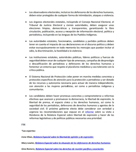 Comunicado de las Relatoras Especiales de las Naciones Unidas sobre el derecho a la libertad de expresión. Foto: cortesía de OACNUDH