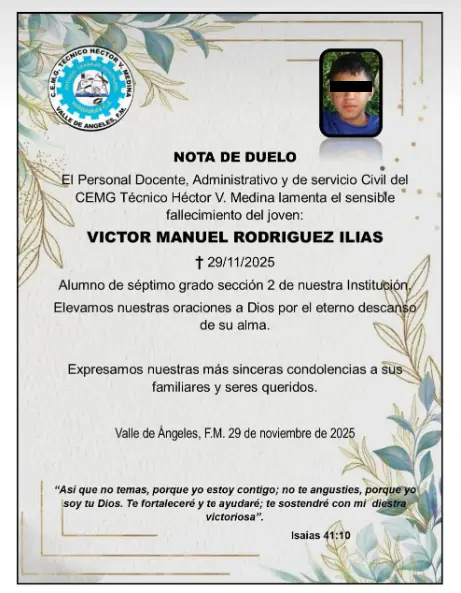 Nota de duelo por la muerte del menor en Valle de Ángeles
