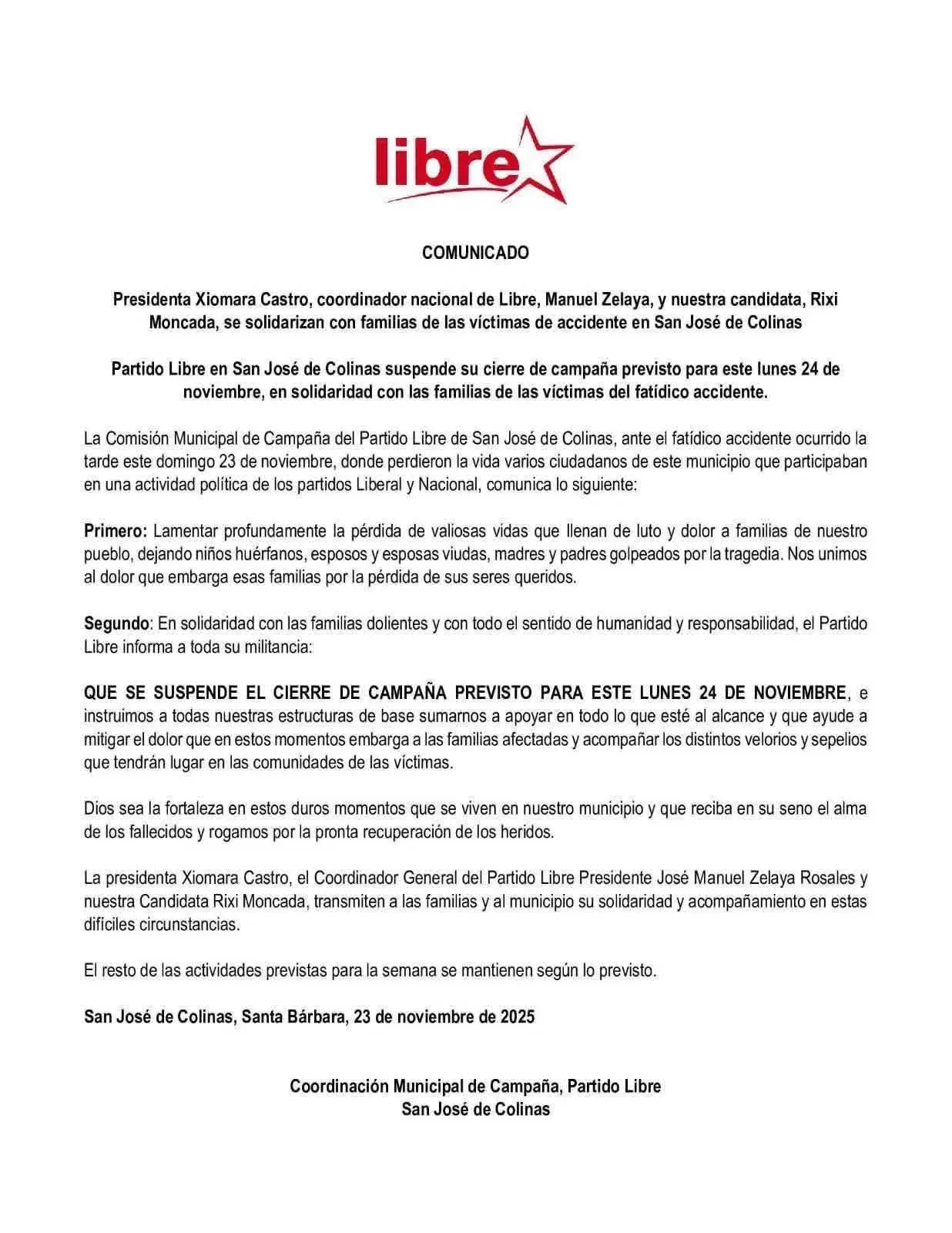 Comunicado partido Libre