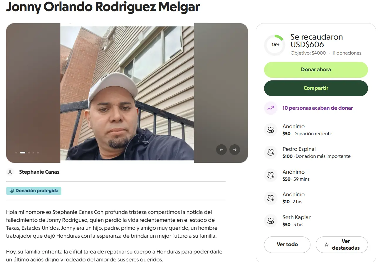 página de gofundme de Jonny Orlando Rodríguez Melgar 