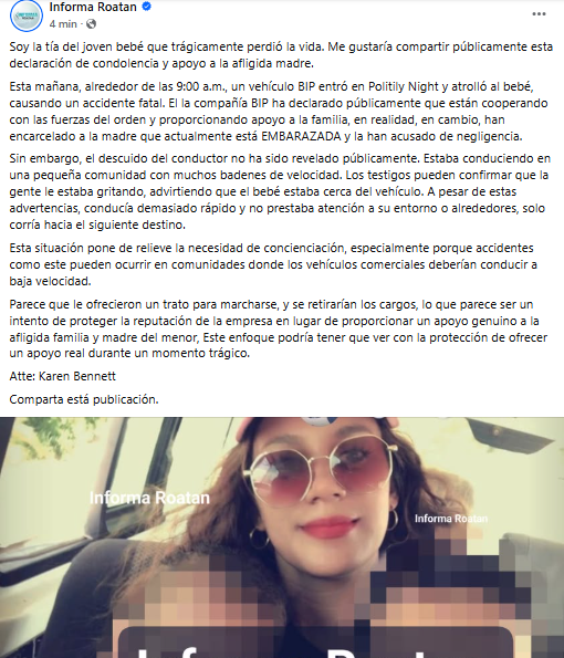 Mensaje de la tía del menor que murió atropellado en Islas de la Bahía