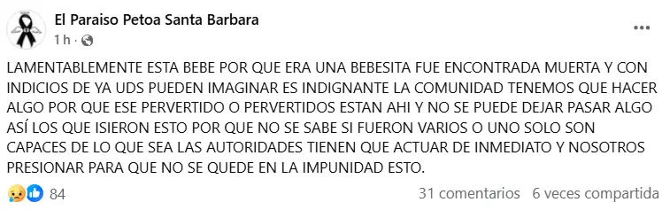 mensaje de la comunidad de Petoa, Santa Bárbara, sobre el caso de la niña