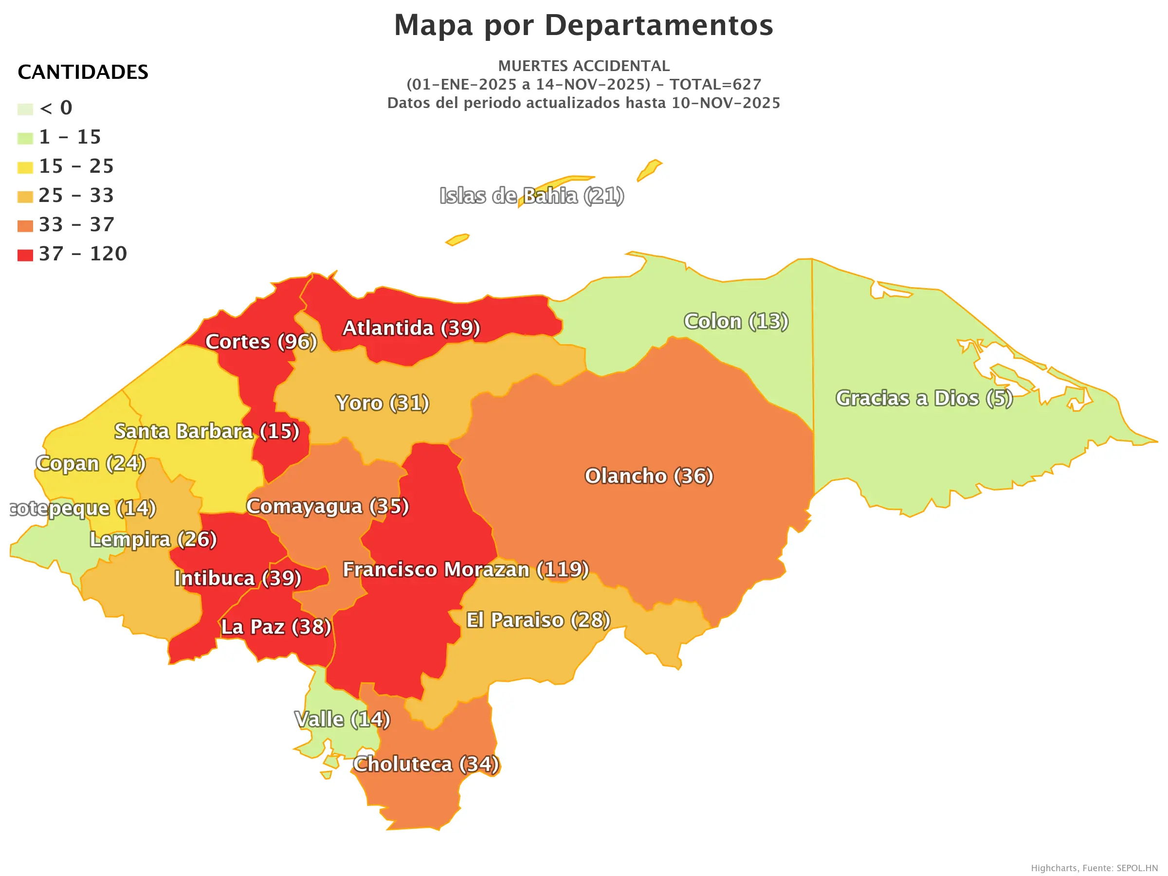 Mapa de muertes accidentales en Honduras 