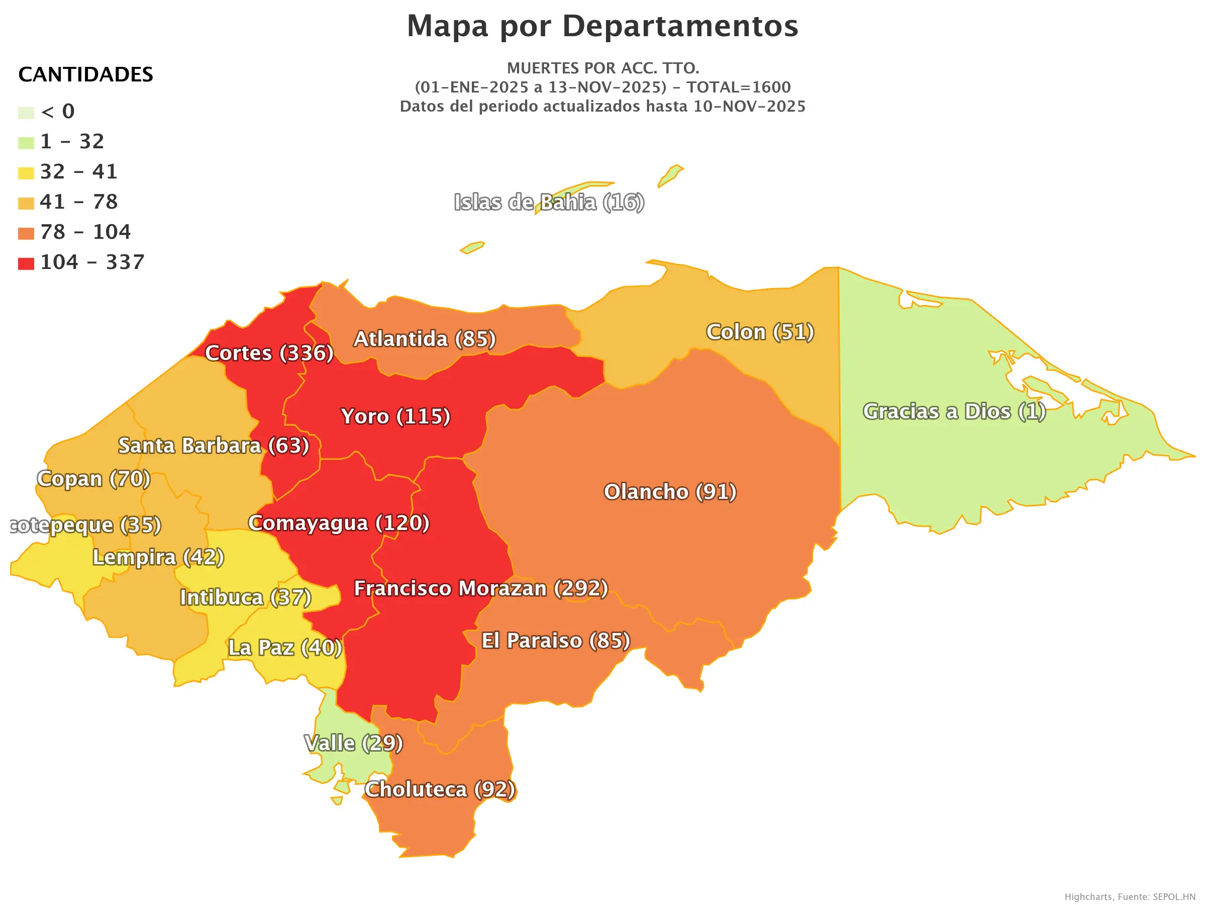 Mapa de muertes en accidentes de tránsito en Honduras.