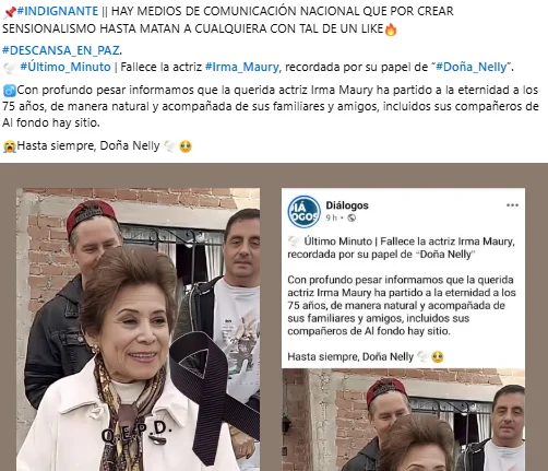 Noticia falsa publicada en Facebook sobre la muerte de Irma Maury
