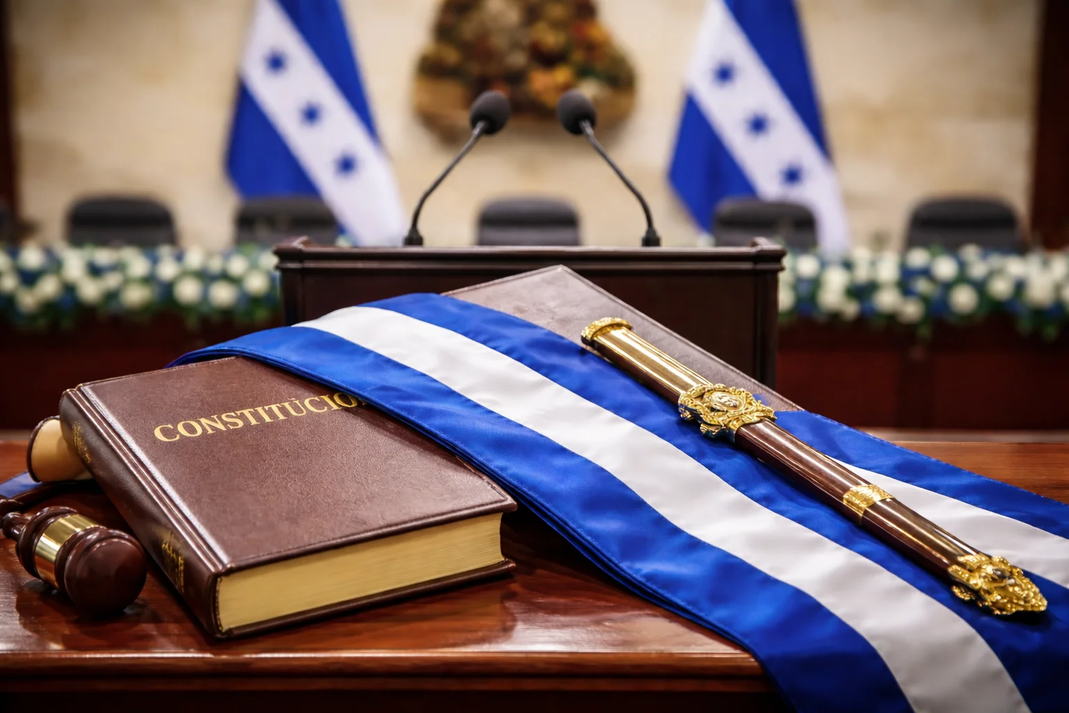 banda presidencial, y al fondo bandera de Honduras