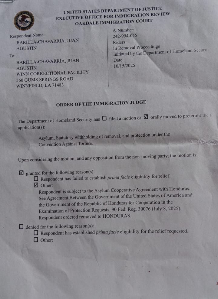 Decisión del juez de inmigración donde ordena la deportación de Barilla a Honduras. Foto: cortesía de La Prensa de Nicaragua 