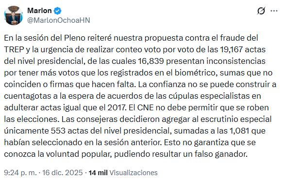 Captura de pantalla de publicación en X del consejero del CNE, Marlon Ochoa. 