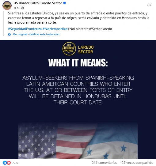 Captura de pantalla de publicación de Facebook de la página de la Patrulla Fronteriza del Sector Laredo en EE. UU.