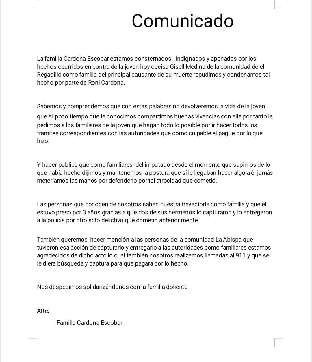 Carta de la familia del acusado de matar a olanchana
