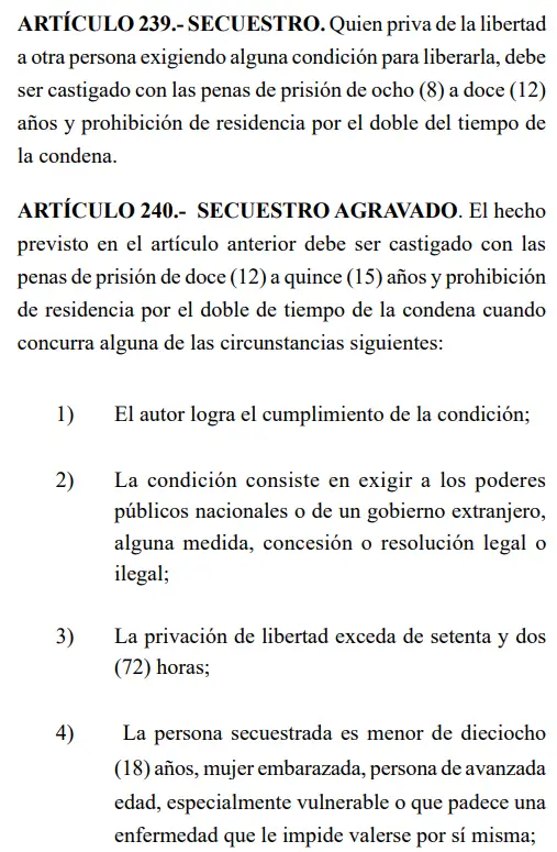 Código Penal sobre el delito de secuestro