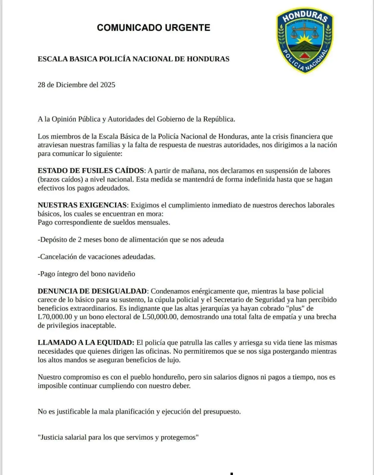 Comunicado Escala Básica Policía Nacional