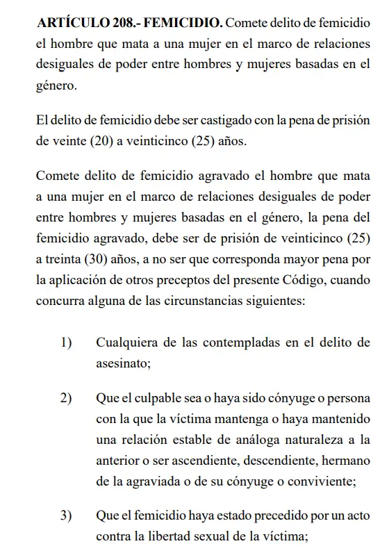 Código Penal sobre el delito de femicidio agravado 