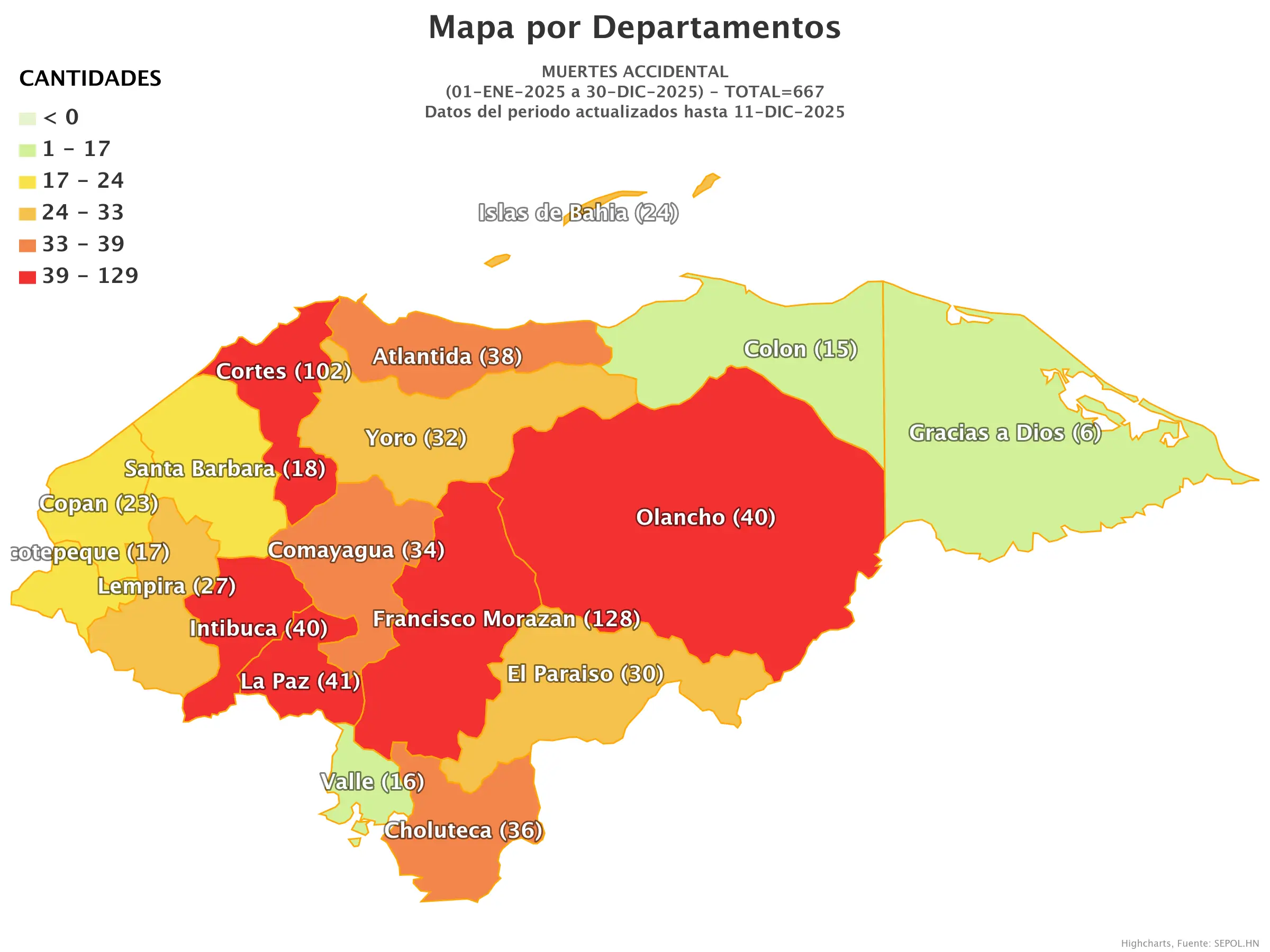 Mapa de muertes accidentales en Honduras 