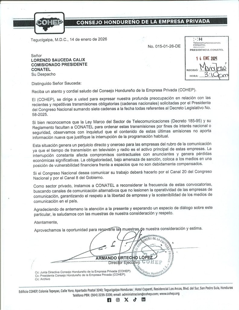 Carta enviada por el director ejecutivo del Cohep la comisionado presidente de Conatel.  