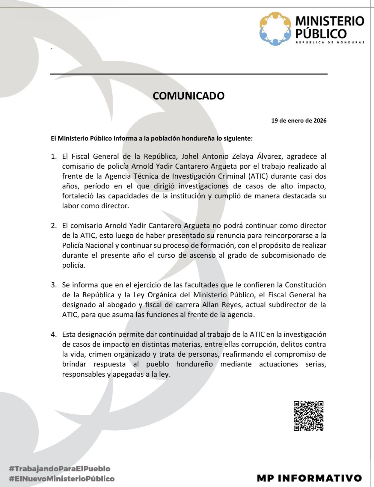 Comunicado de prensa del Ministerio Público sobre cambios en la dirección de la ATIC. Foto: cortesía del X del MP