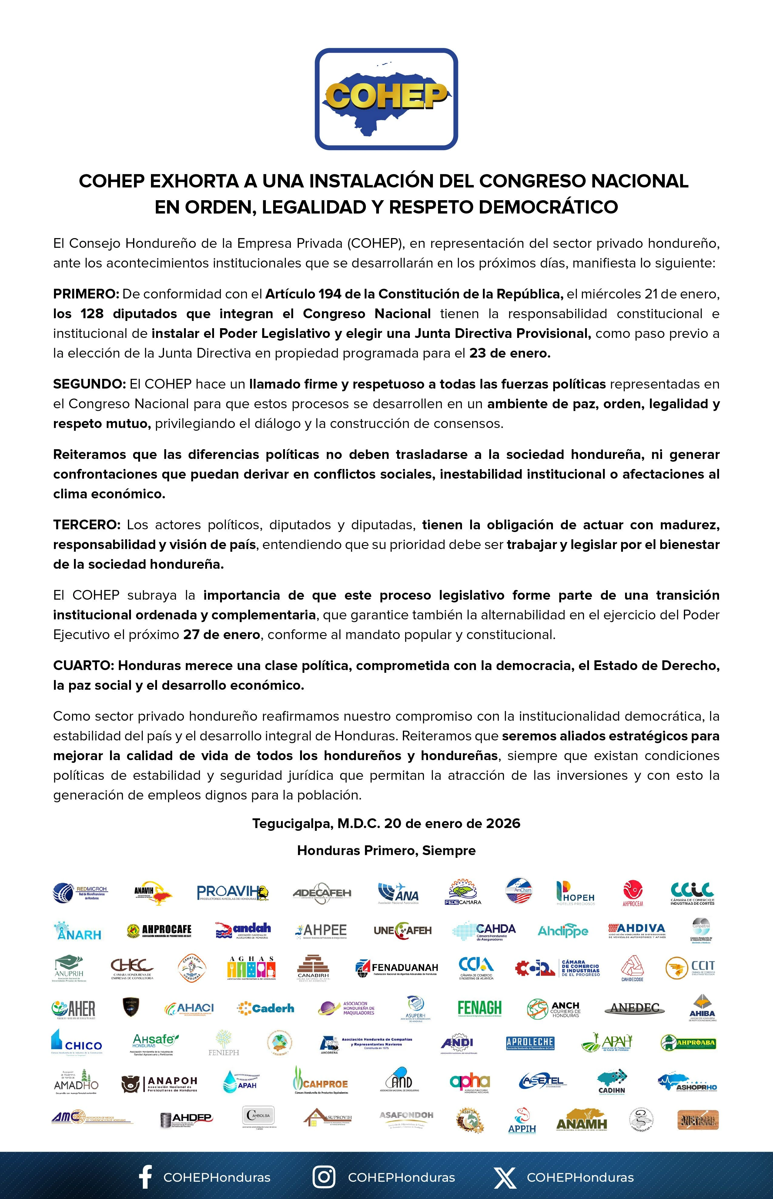 Comunicado de prensa del Cohep sobre instalación de la Junta Directiva del Congreso Nacional. Foto Cortesía 