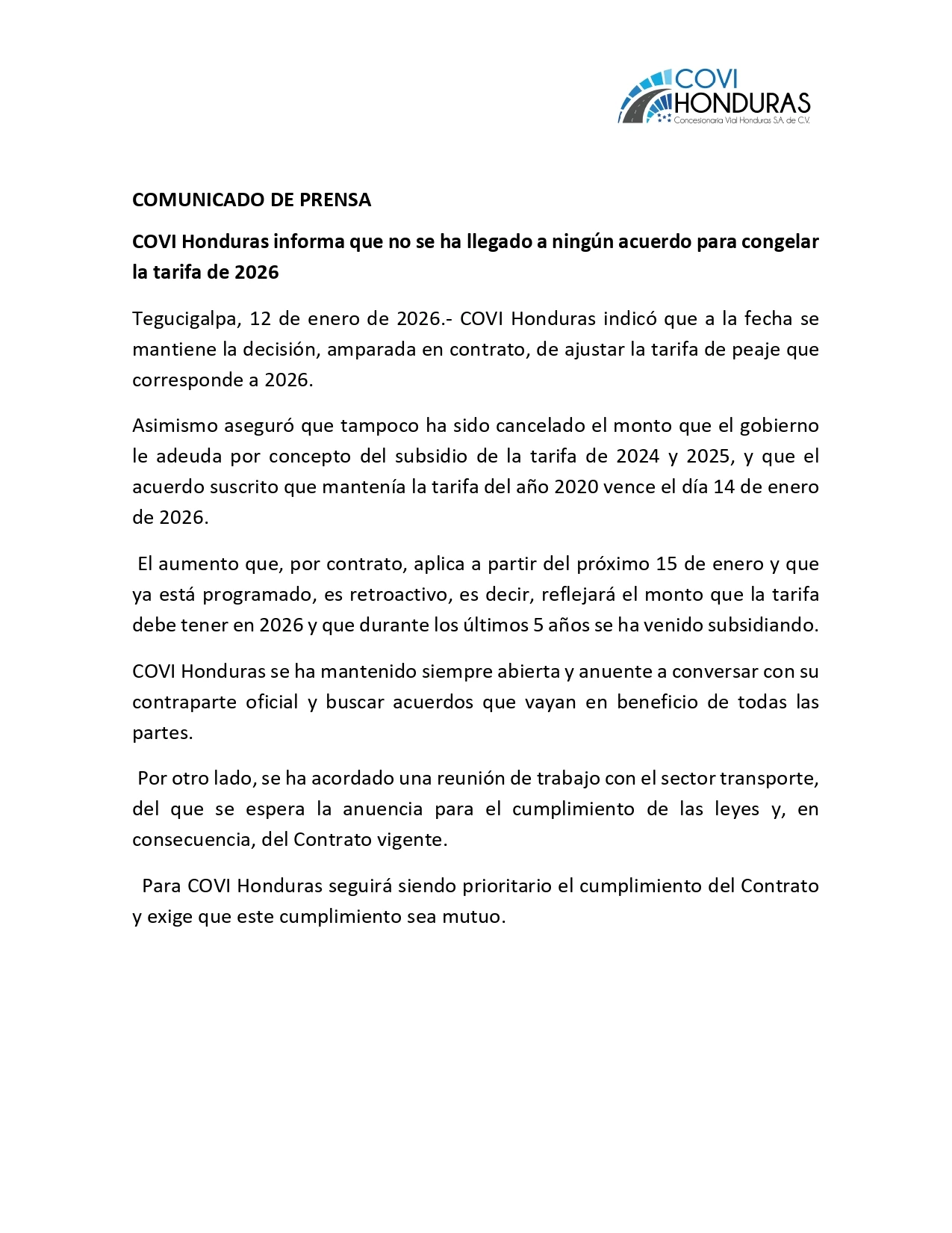 Comunicado de prensa de Covi Honduras sobre el aumento a las tarifas de peaje. Foto: cortesía 