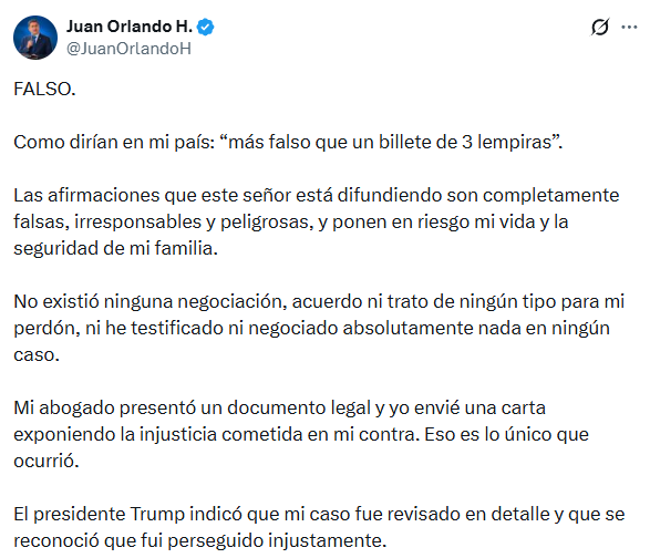 Captura de pantalla de publicación de Juan Orlando Hernández en la red social de X. 