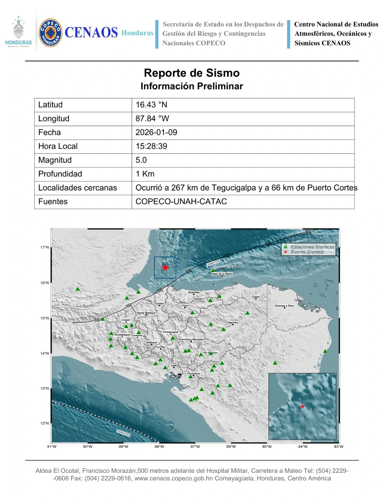 Temblor de 5.0 se registra frente a Puerto Cortés; no hay víctimas. Foto: cortesía de Copeco