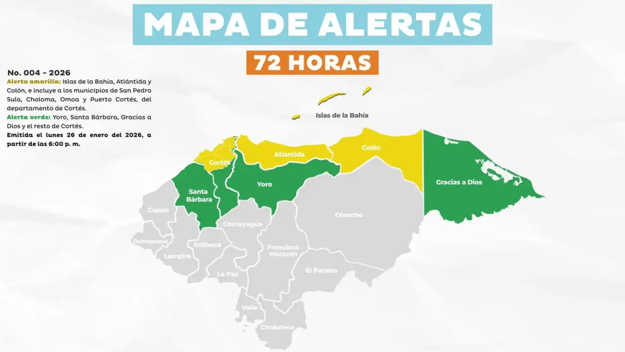 Mapa de alertas por frente frío en Honduras
