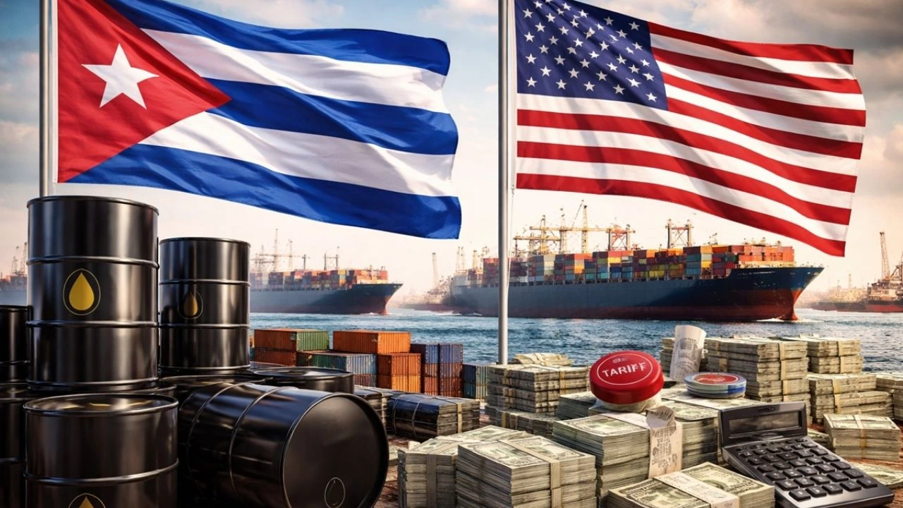 Banderas de Estados Unidos y Cuba conn barriles de petroleo.