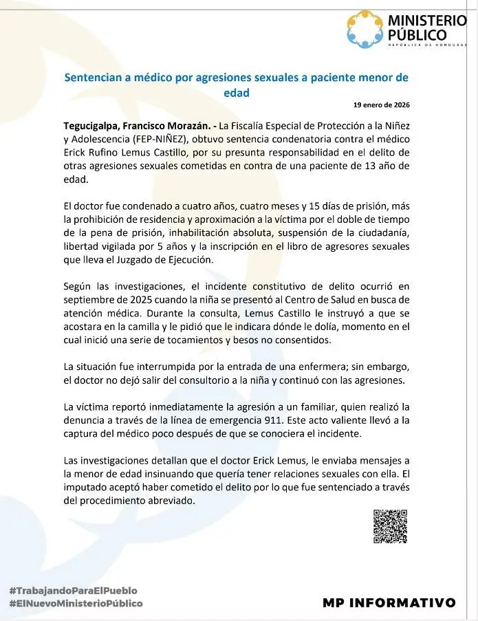 Informe sobre el médico que abusó de menor en Tegucigalpa