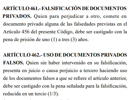 condenas de uso de documentos privados falsos