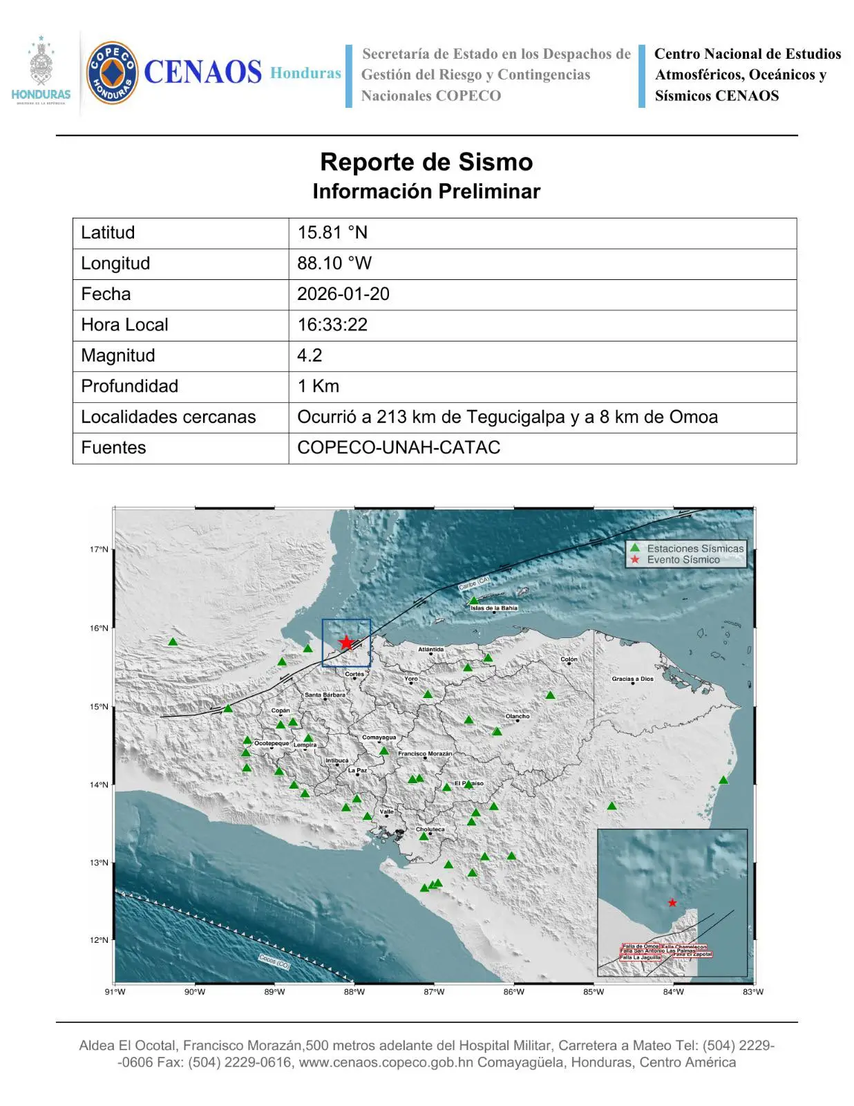 Informe sobre el sismo de este martes en Honduras