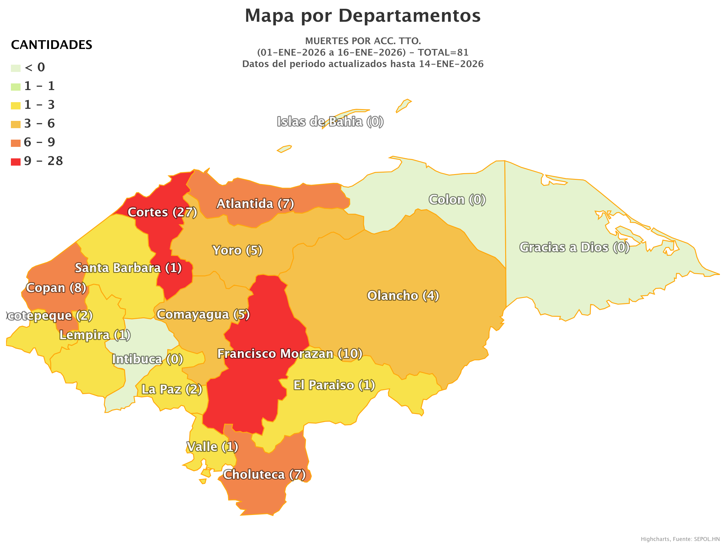Mapa de muertes en accidentes de tránsito en Honduras.