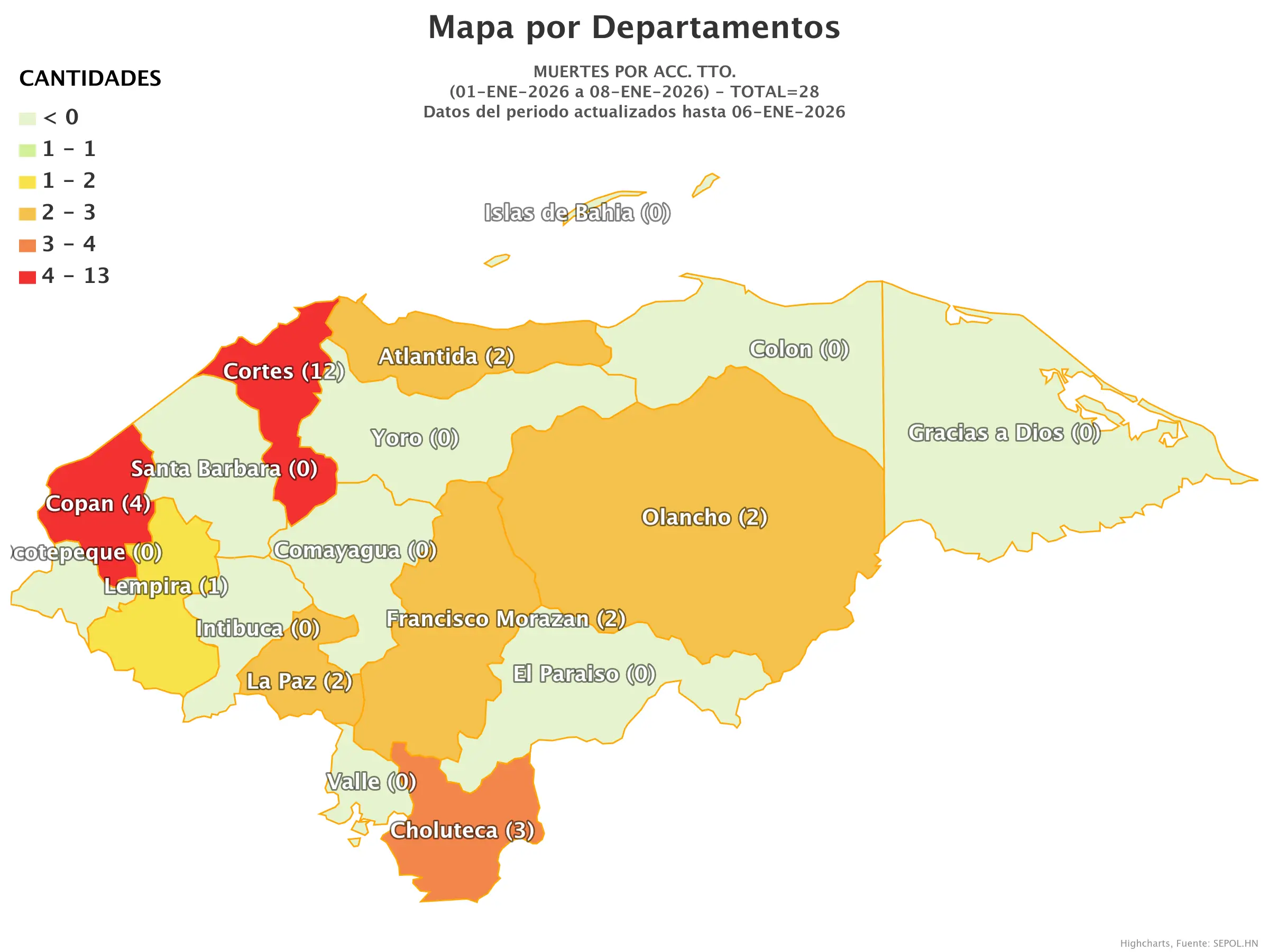 Mapa de muertes en accidentes de tránsito en Honduras