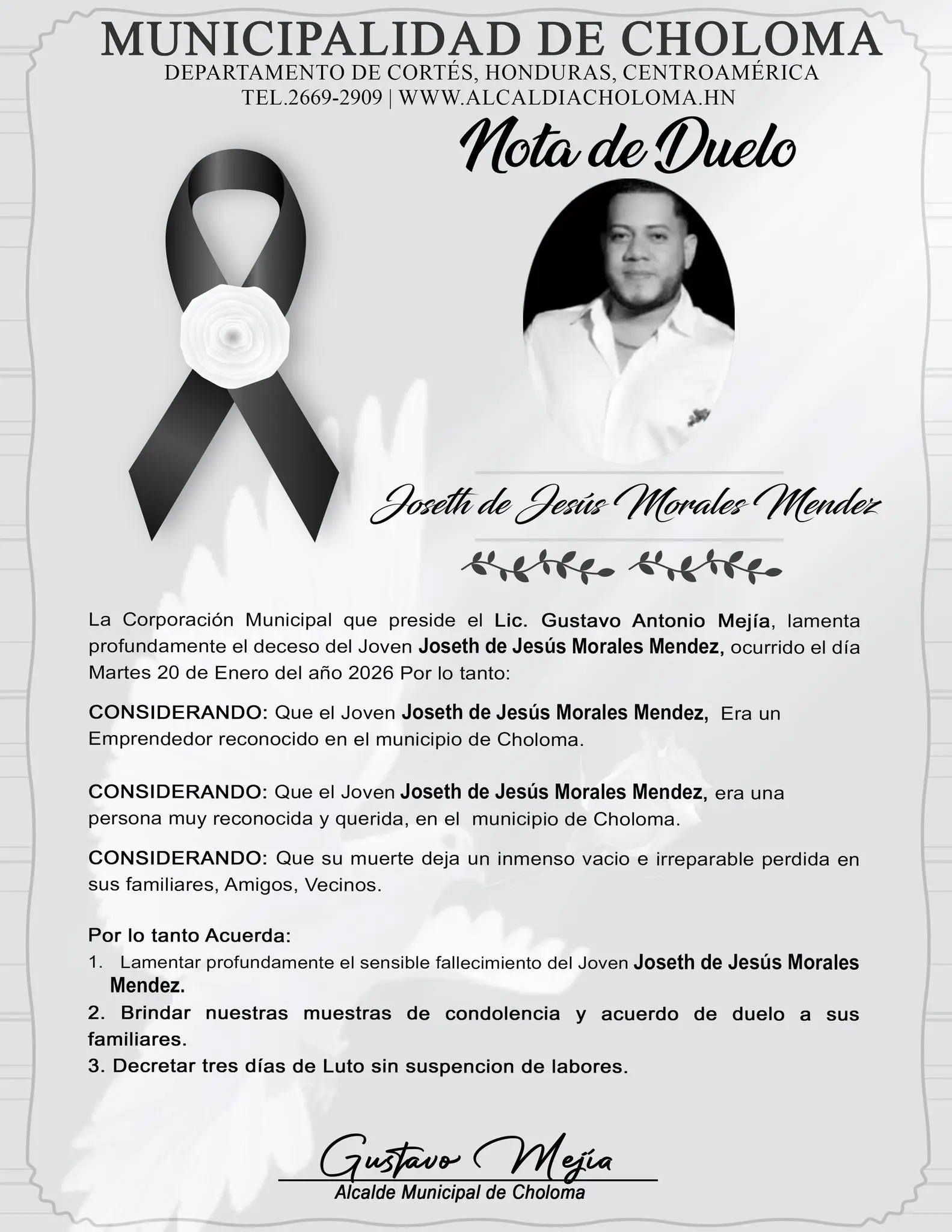 nota de duelo por el emprendedor al que matan en Choloma 