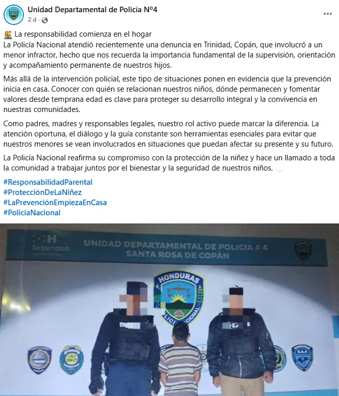 Foto de la noticia de la Policía sobre el niño capturado por abusar de su vecinito en Copán 