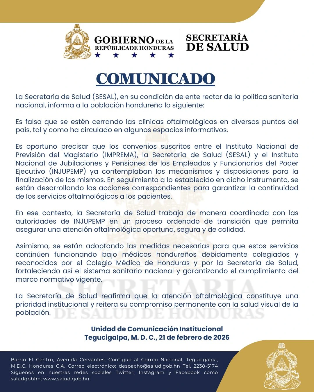 Comunicado emitido por la Sesal.